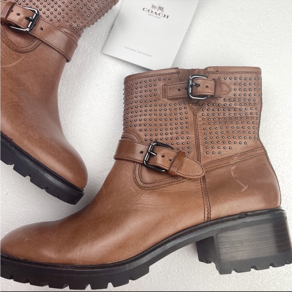 COACH Gates Leather Studded Calf Boots Brown Buckle Size 8.5 - Picture 3 of 10